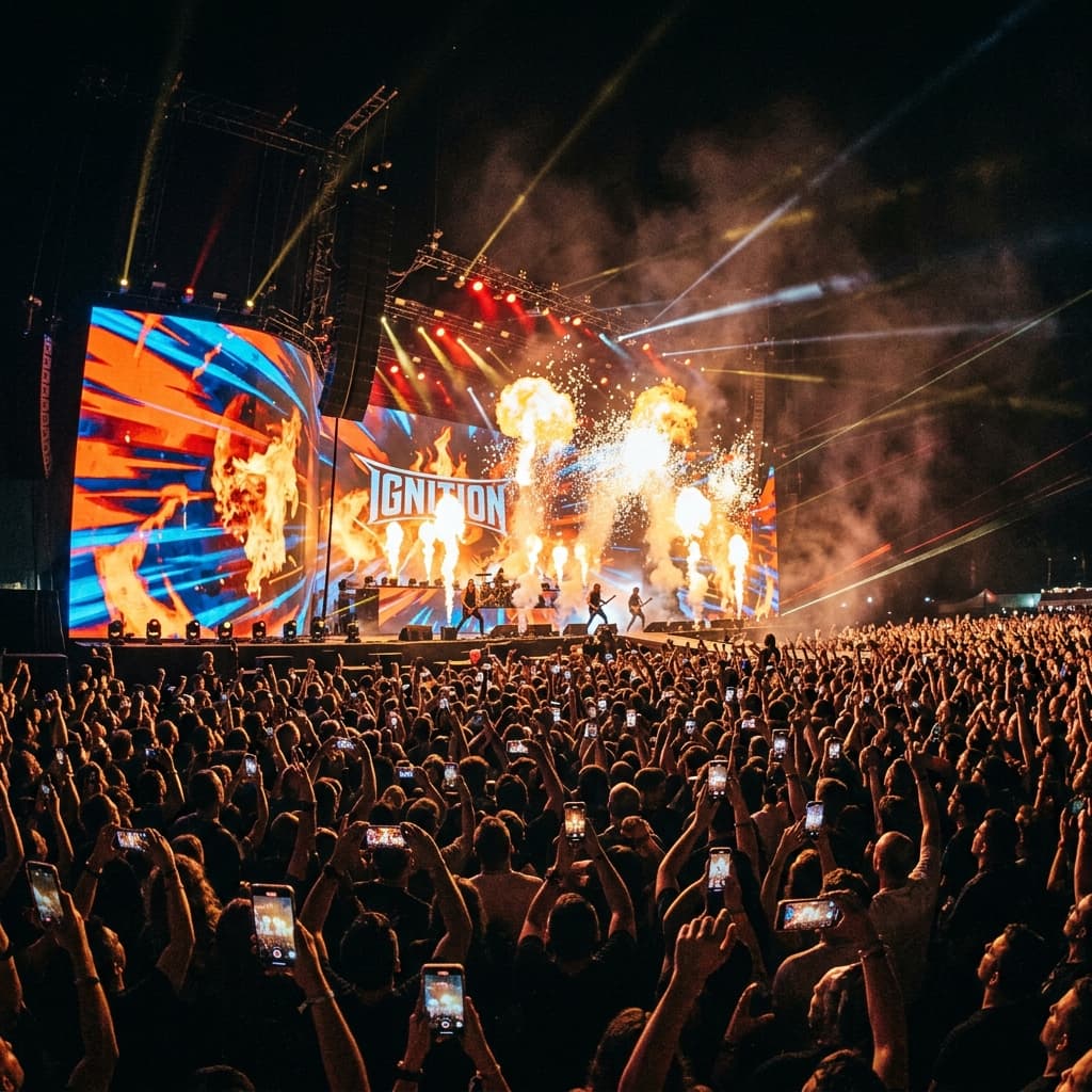 Massive concert stage with pyrotechnics