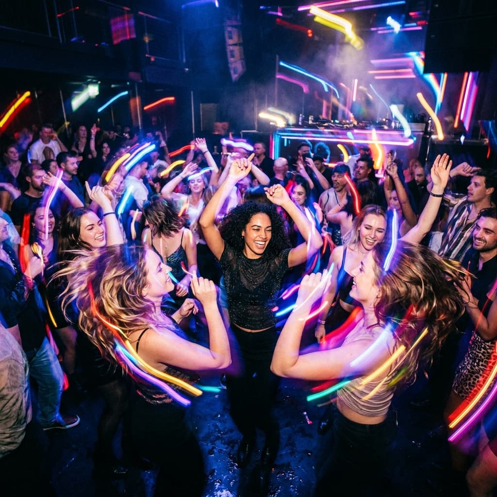 Dance floor energy with neon lighting